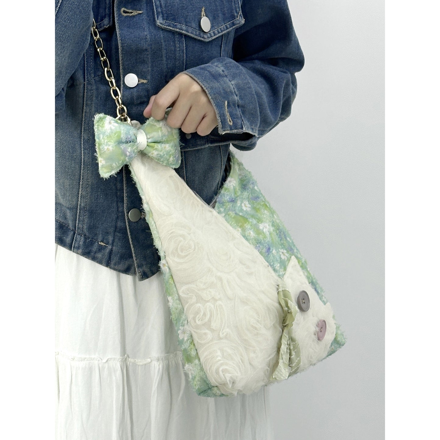 Women's Green Daisy Canvas Cute Cat Large Capacity Women's Shoulder Bag