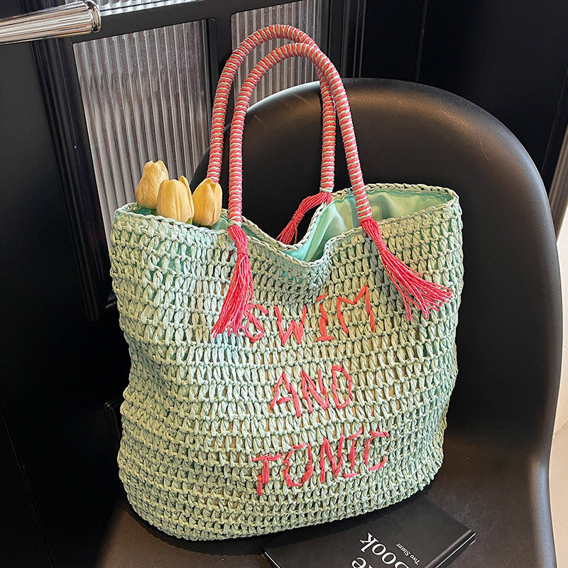 Beach Vacation Style Fresh Mint Green Straw Woven Wind Large Women's Shoulder Bag