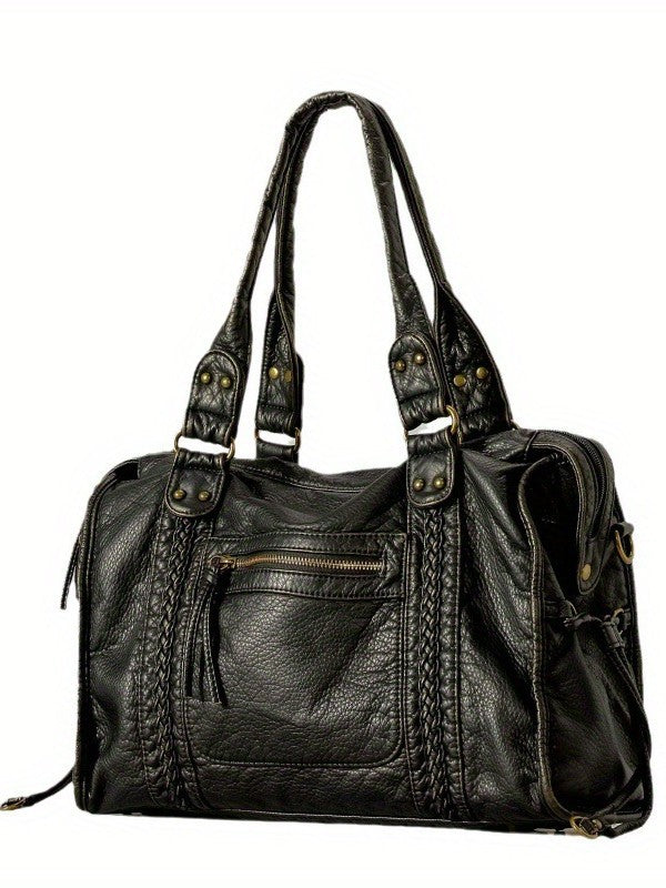 Women's French Retro Motorcycle Large Capacity Washed Tote Bags