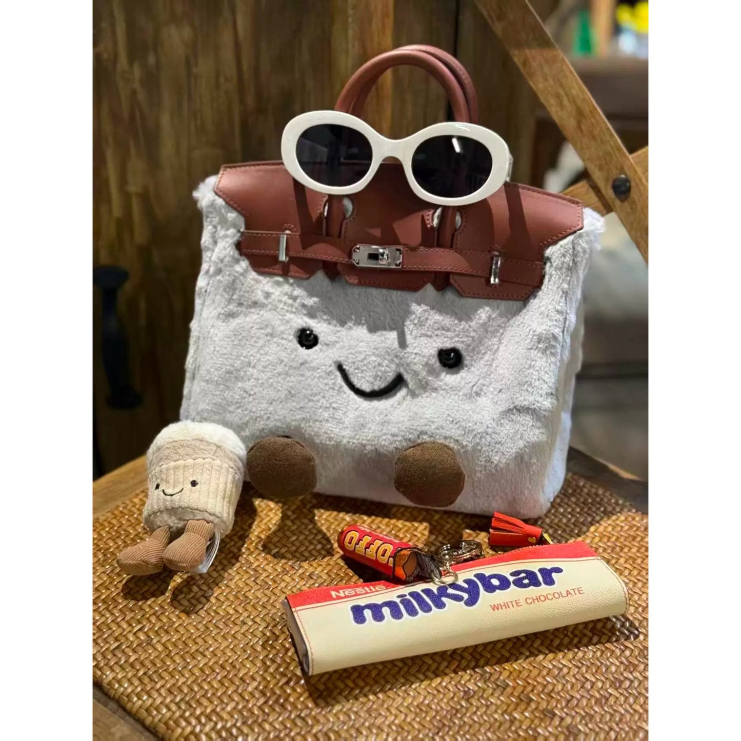 Cute Plush Doll Cartoon Furry Fashion Leather Patchwork Bucket Bag