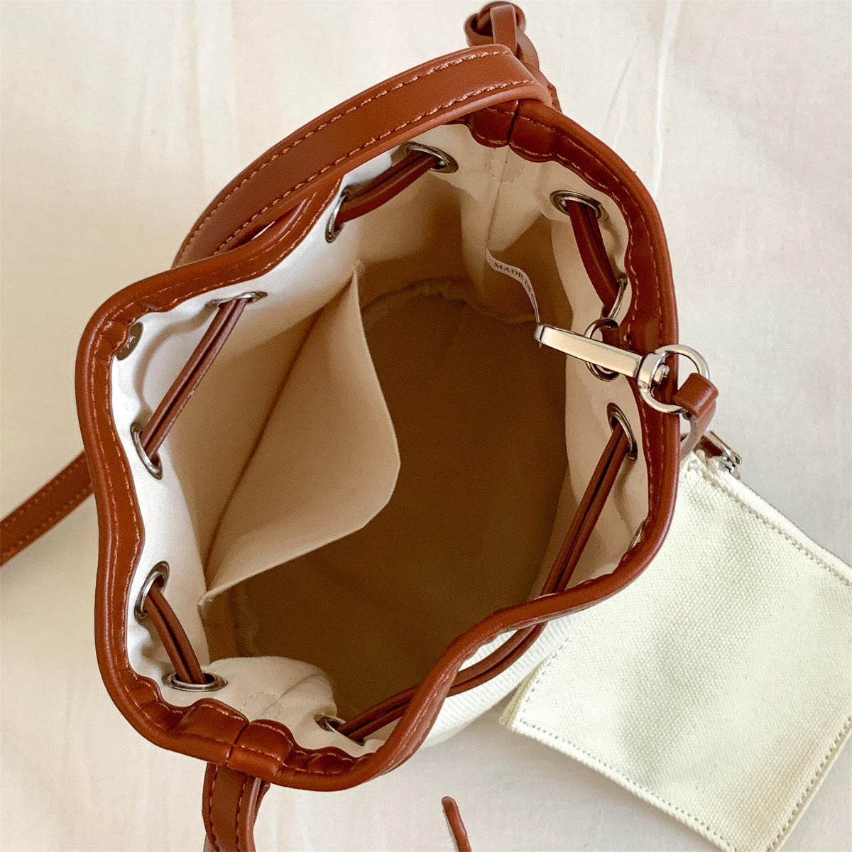 Women's Drawstring Ruffle Canvas Stitching High-grade Niche Bucket Bags