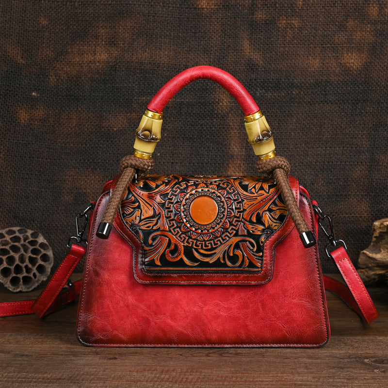 Women's Retro Artistic Style Underarm Bamboo Hemp Rope Hand-held Embossing Brush-off Bags