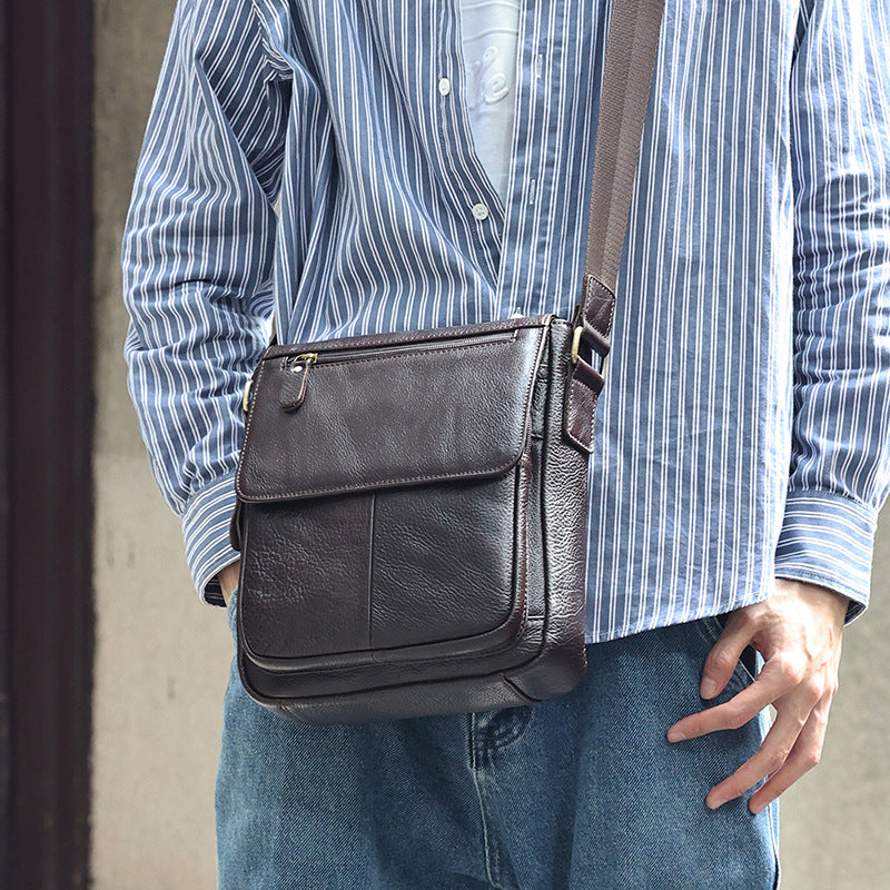 Men's First Layer Cowhide Vintage Cover Commuter Leather Genuine Shoulder Bags