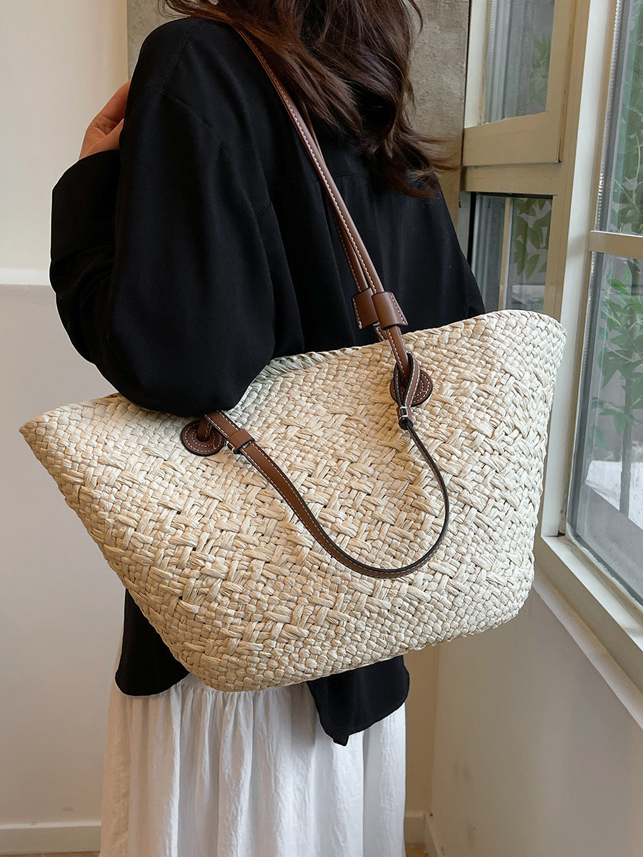 Women's Style Fashion Solid Color Woven Large Capacity Vacation Straw Vegetable Women's Shoulder Bag
