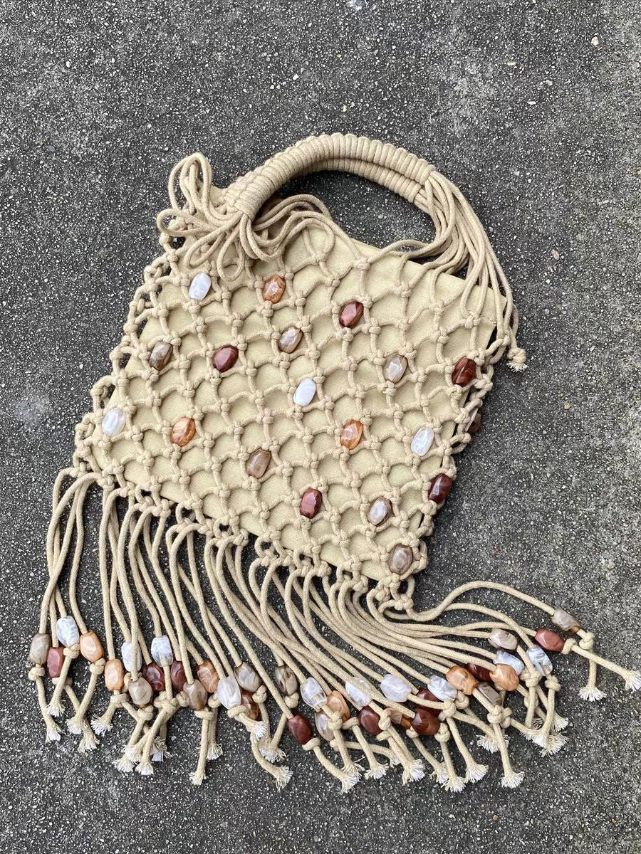 Woven Hollowed Contrast Color Design Individual Tassel String Women's Handbag