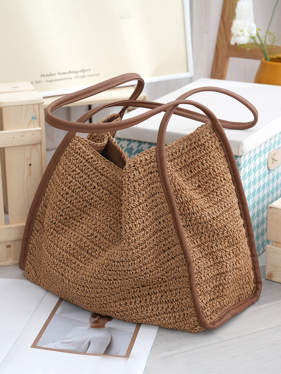 Women's French Style Large Capacity Straw Niche Solid Color Woven Vacation Women's Shoulder Bag