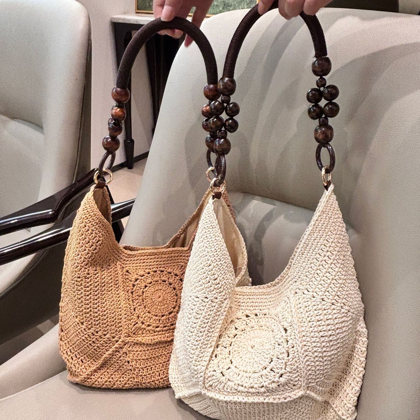 Women's Cotton Crochet Underarm High-grade Chinese Beads Vacation Simple Women's Shoulder Bag
