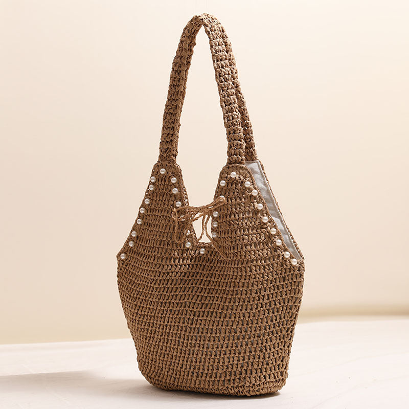 High-grade Large Capacity Straw Fashion Imitation Pearl Women's Shoulder Bag