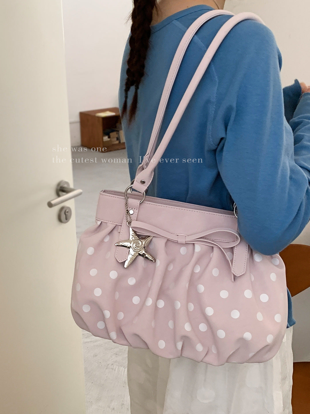 Women's Style Large Capacity Pleated Polka Dot Printing Underarm Bag