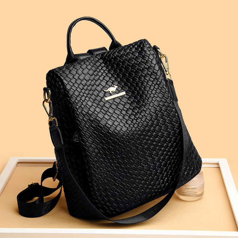 Women's Woven Leather Korean Stylish Versatile Large Women's Backpack