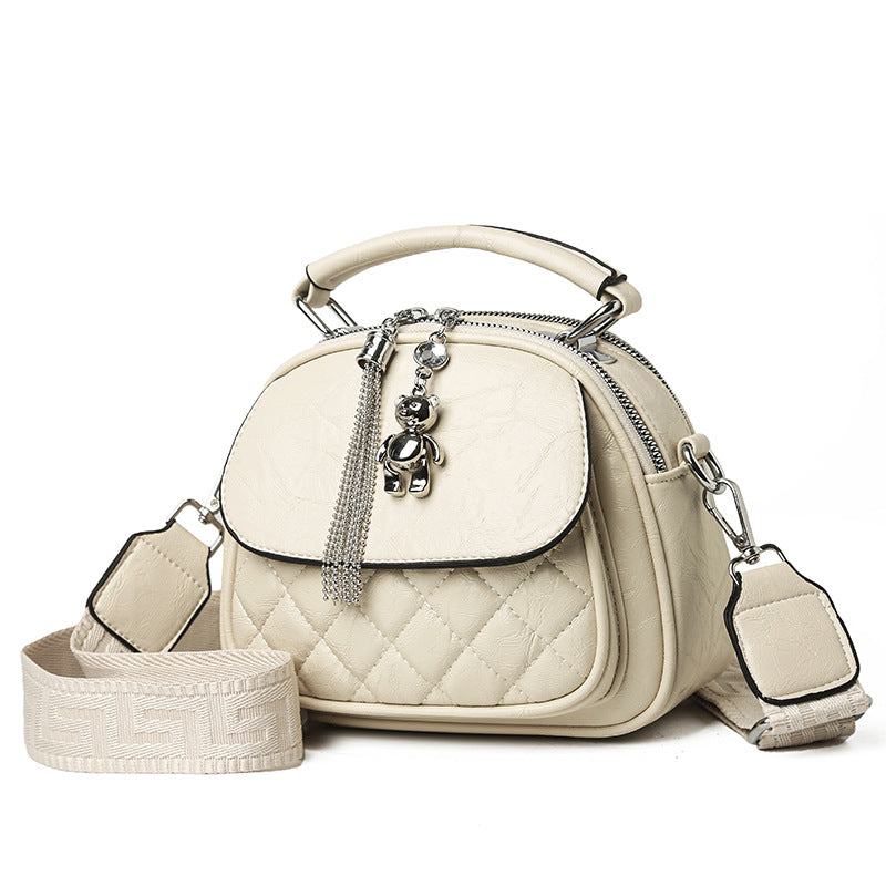 Women's Fashion Rhombus Tassel Bear Pendant Round Bags