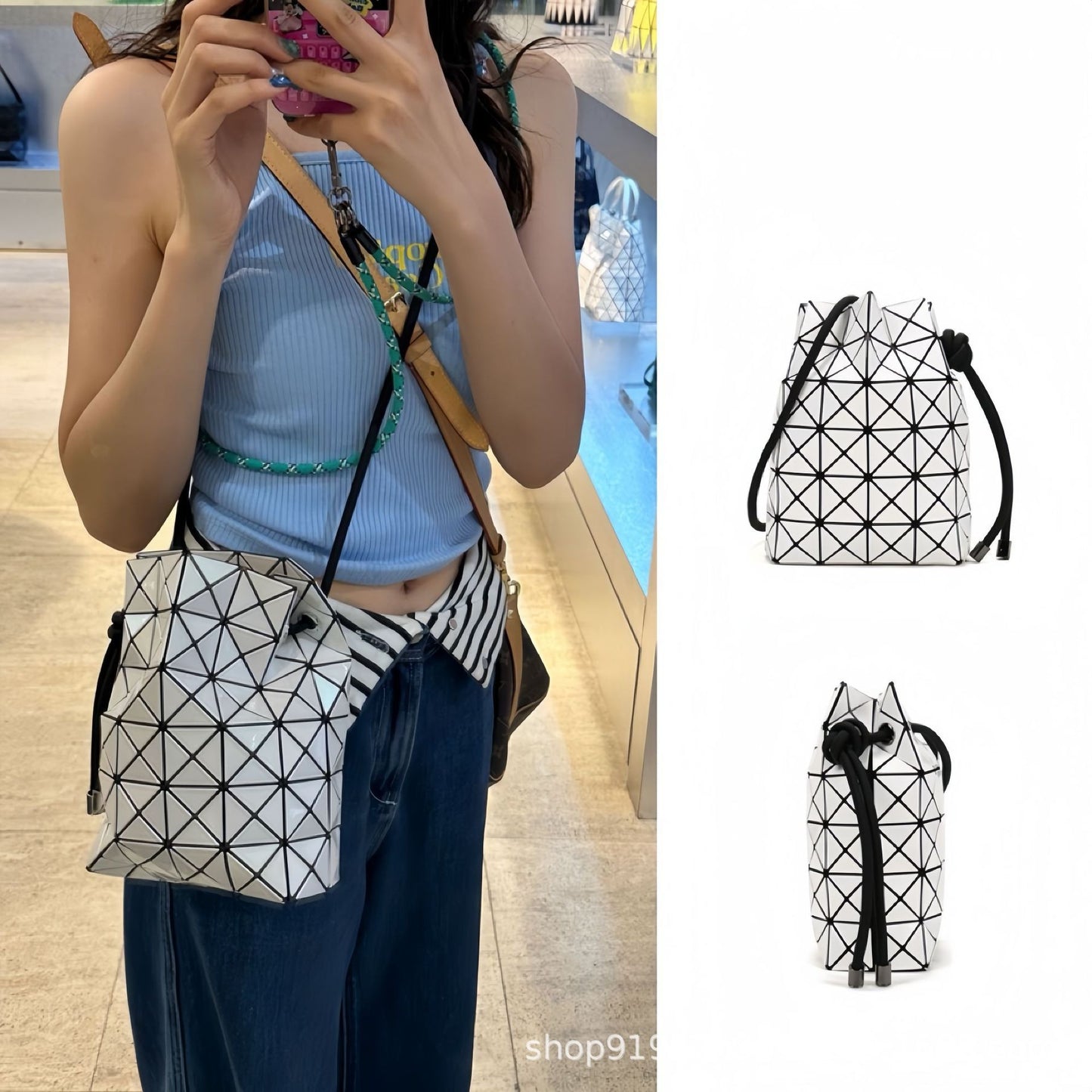 Women's House Drawstring Geometric Cutting Piece Type Large Bucket Bag