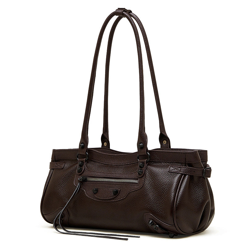 Rivet First Layer Cowhide Underarm Baguette Trendy Horizontal Punk Tote Bag