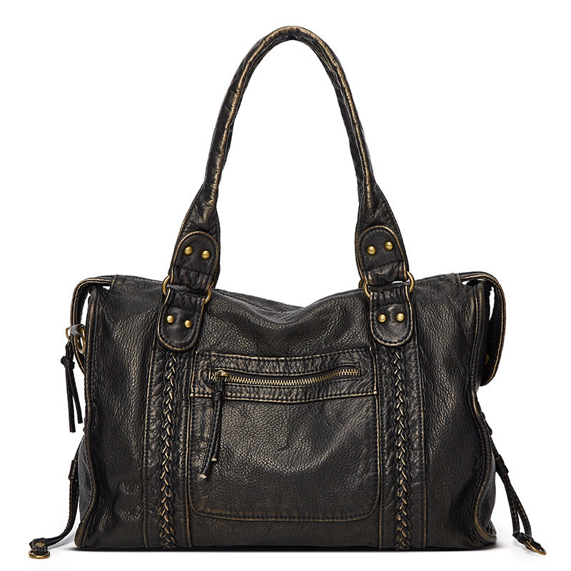 Women's French Retro Motorcycle Large Capacity Washed Women's Shoulder Bag