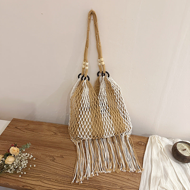 Women's Tassel Portable Woven Large Capacity Beach Vacation Niche Color Matching Women's Shoulder Bag