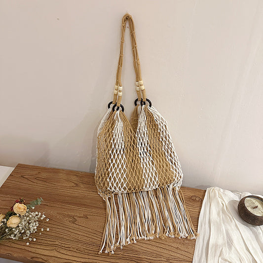 Women's Tassel Portable Woven Large Capacity Beach Vacation Niche Color Matching Women's Shoulder Bag