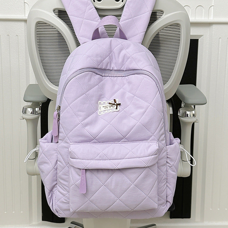 Soft Sticky White Pinch Cotton Rhombus Cute Leisure Backpack