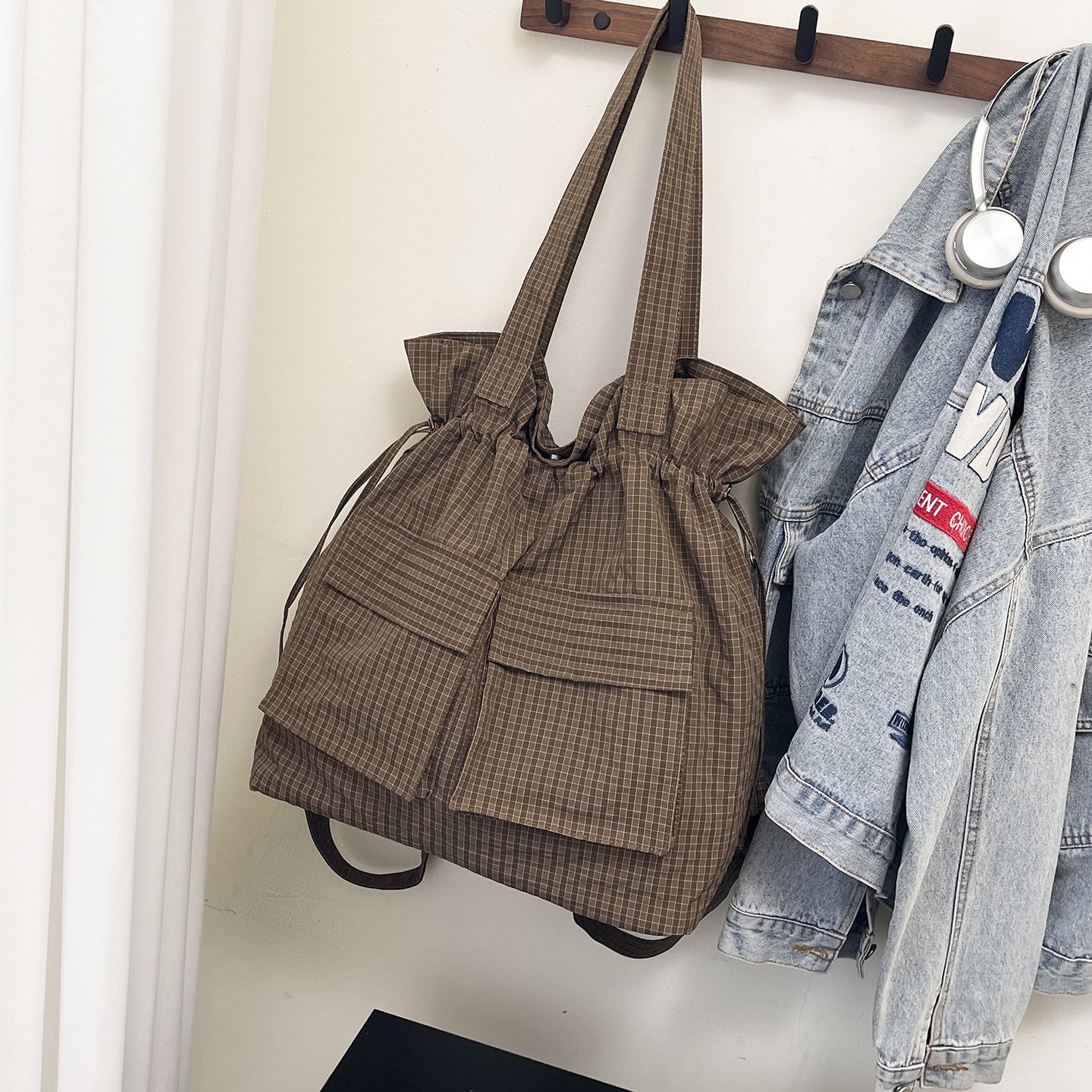 Women's Large Capacity Lightweight Plaid Drawstring Fashion Handbags