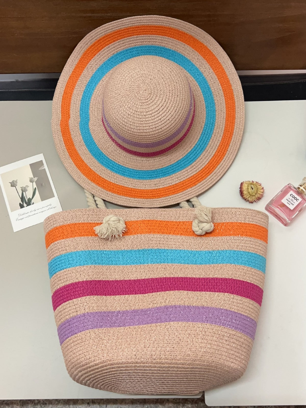 Summer Lady Colored Mosaic Beach Straw Tote Bag