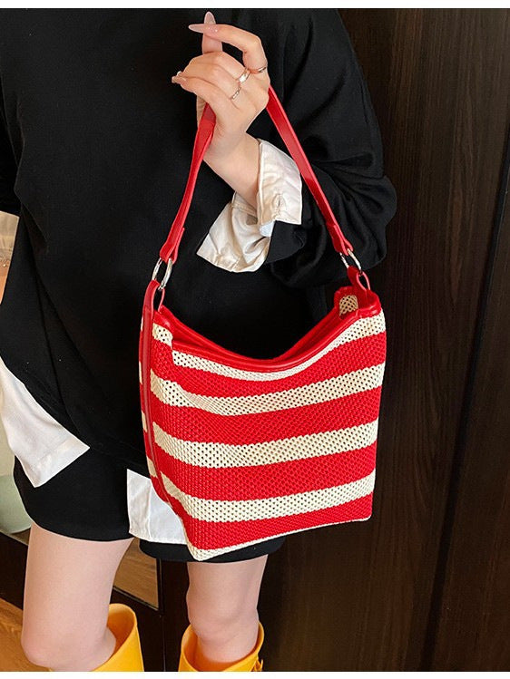Women's Capacity Woven Striped Canvas Stitching Dumpling Women's Shoulder Bag