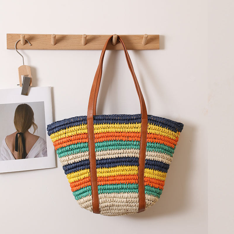 Fashion Colorful Striped Straw Versatile Large Capacity Woven Women's Shoulder Bag