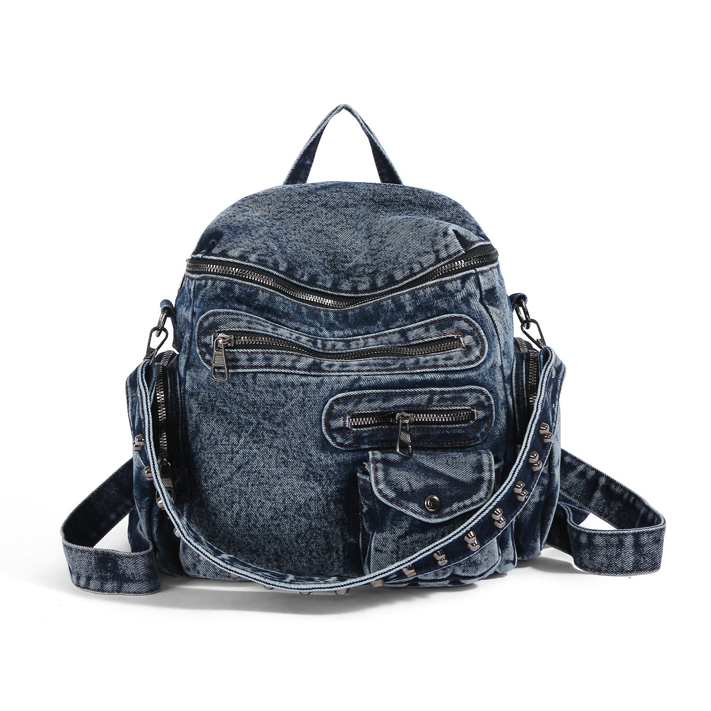 Retro Washed Denim Design Rivet Versatile College Leisure Backpack
