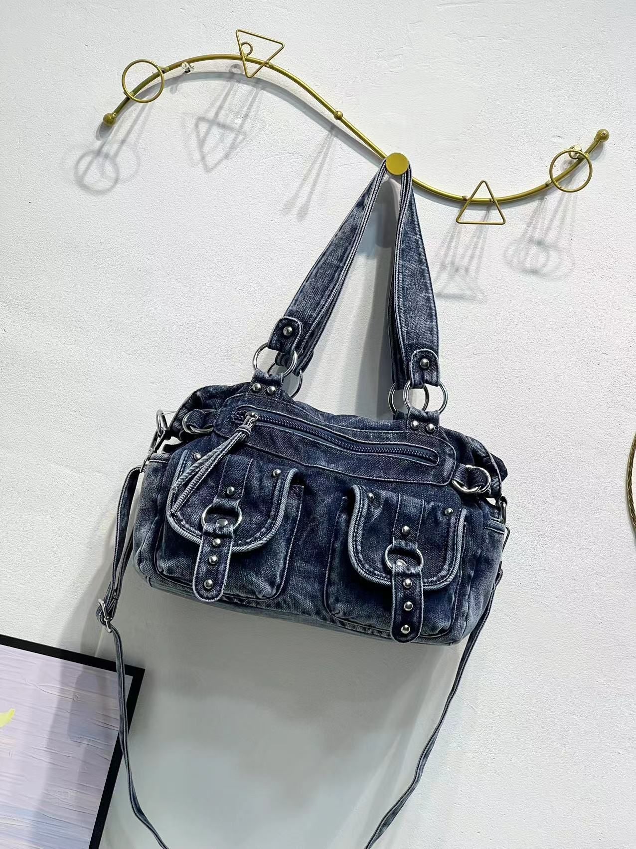 Women's Fashionable Retro Washed Punk Denim Trendy Women's Shoulder Bag