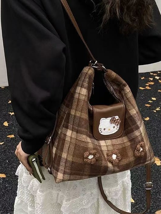 Women's Korean Retro Cat Design Plaid Large Leisure Backpack