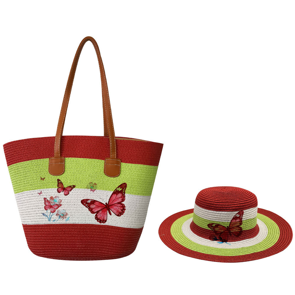 Women's Woven Hat Printing Suit Fashion Butterfly Handbags