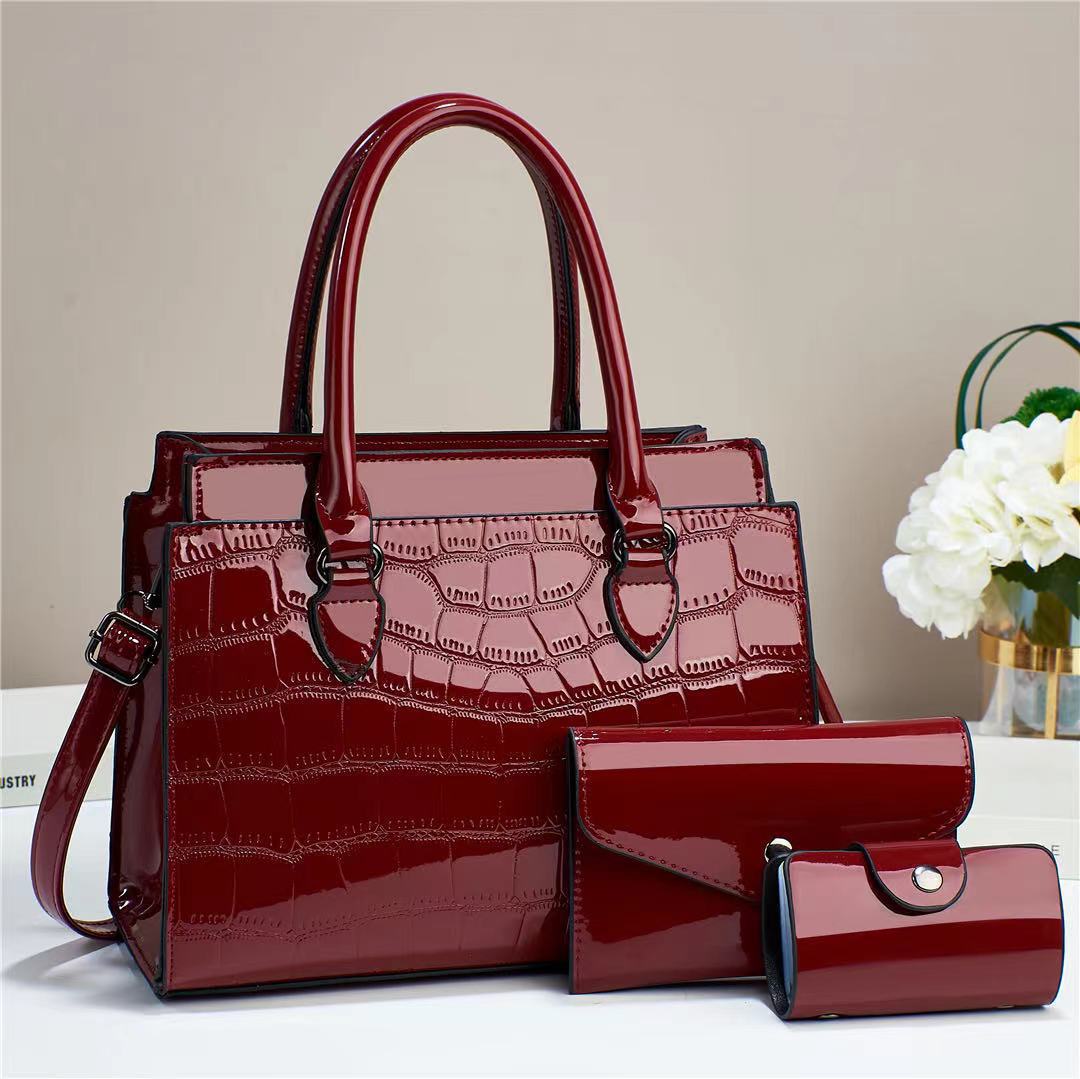 Temperament Fashion Bright Leather Three-piece Set Elegant Large Women's Handbag