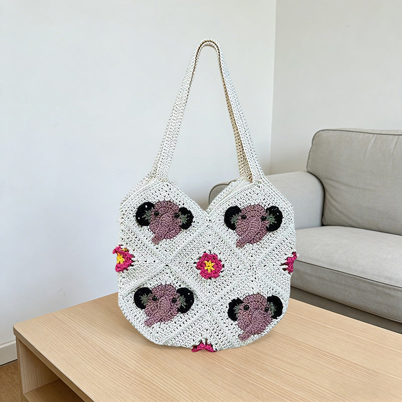 Women's Elephant Head Hand-woven Diamond Plaid Hollow Seaside Women's Messenger Bag