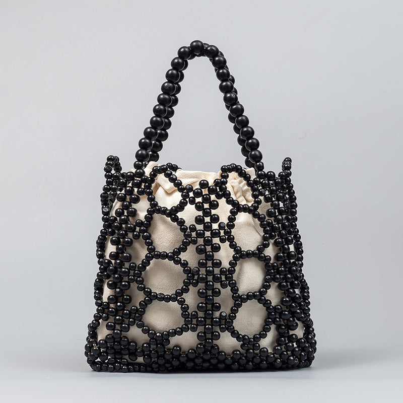 Women's Wooden Beads Decoration Contrast Color Hand-woven Large Handbags
