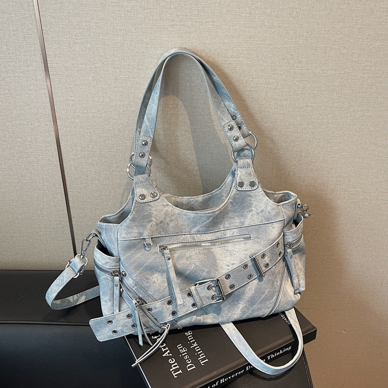 Retro Rivet Motorcycle Large Capacity Textured Women's Shoulder Bag