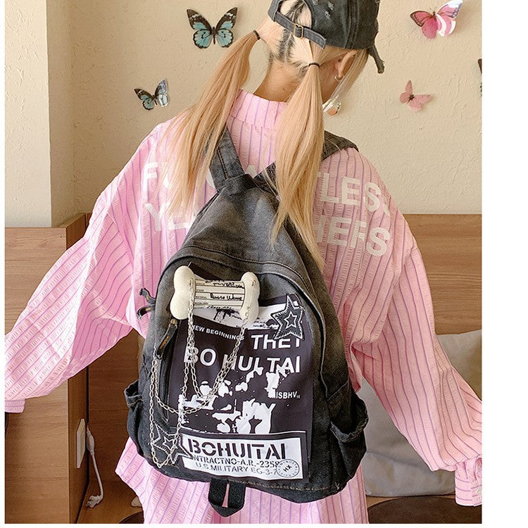 Women's Retro Denim Sweet Spicy Rock Style Printed Niche Bone Leisure Backpack