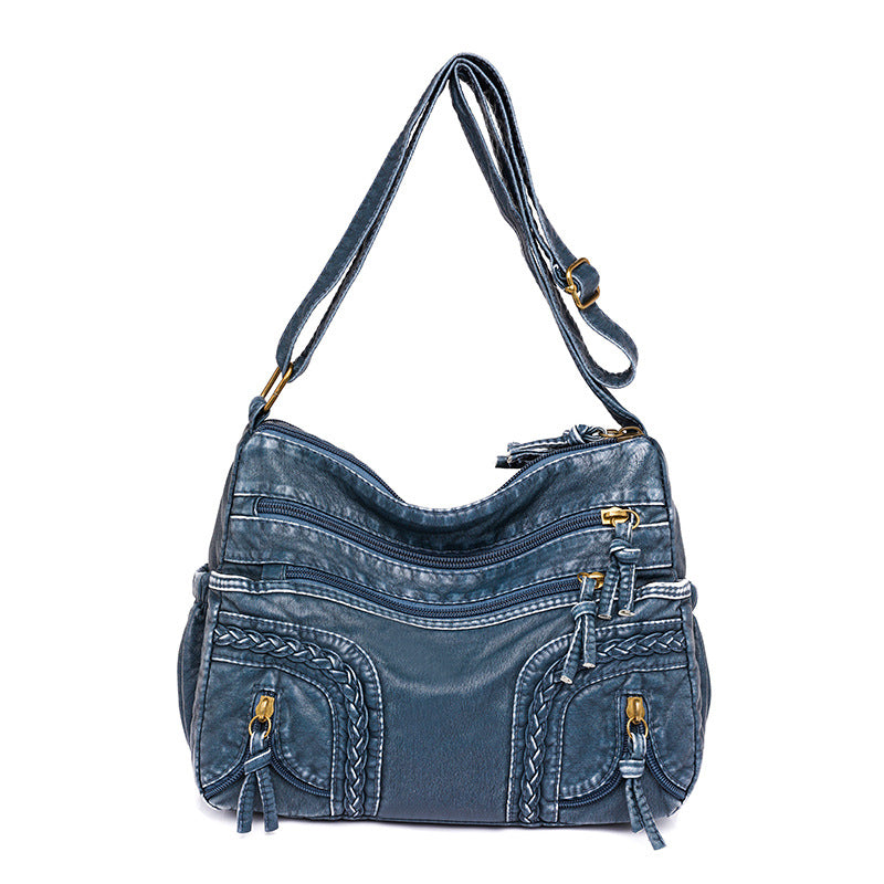 Women's Authentic Leather Tactile Feel Washed Woven Fashionable Large Capacity Women's Shoulder Bag