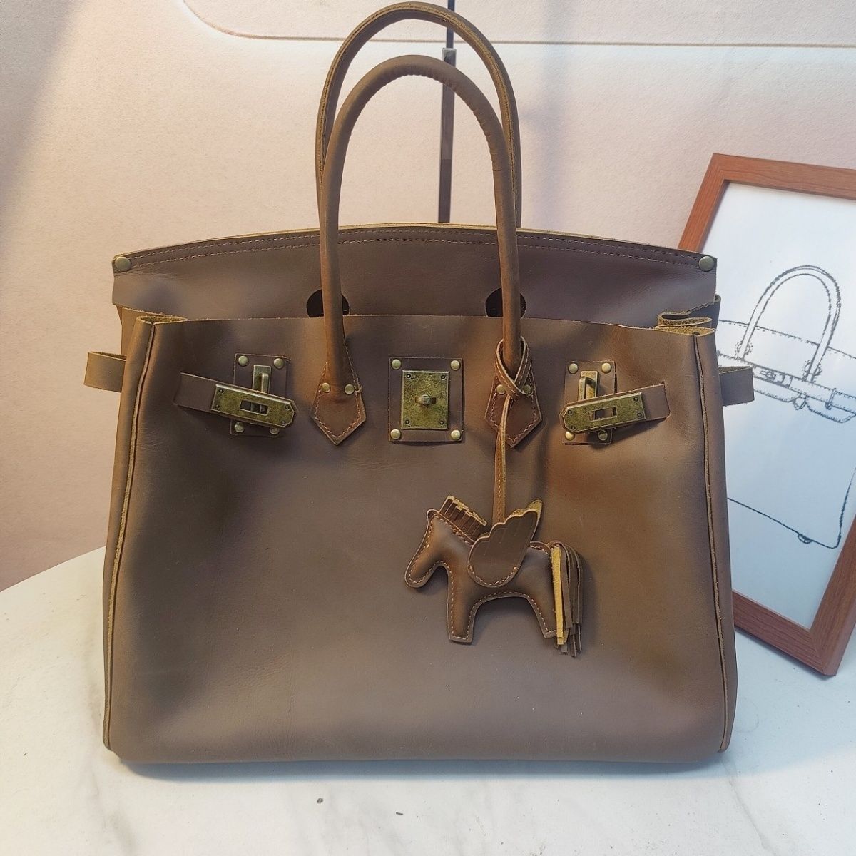 Men's Vintage Crazy Horse Leather Handmade Lady Literature Women's Handbag