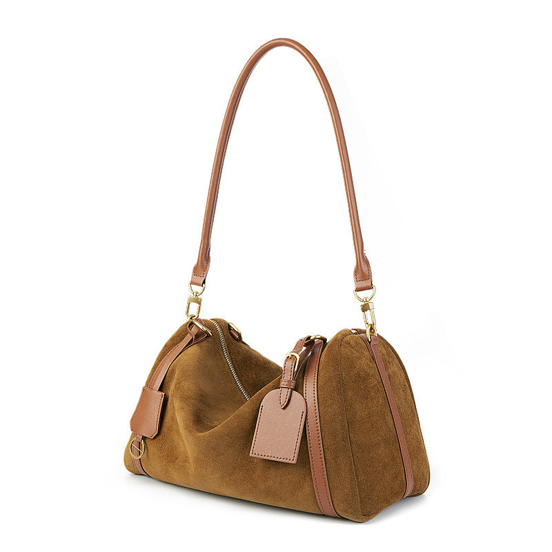 Women's Frosted Cowhide Bowling Large Capacity Boston Deerskin Bucket Bag
