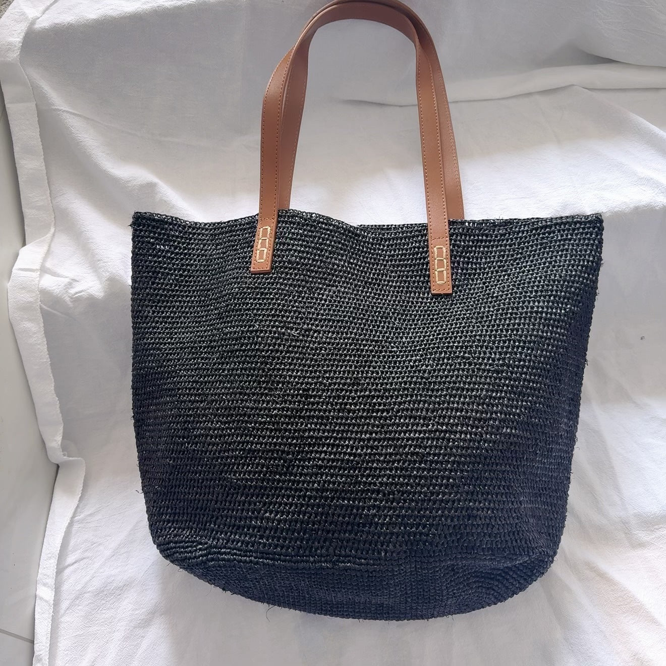Raffia Joint Leather Strap Handmade Needle Hook Women's Shoulder Bag