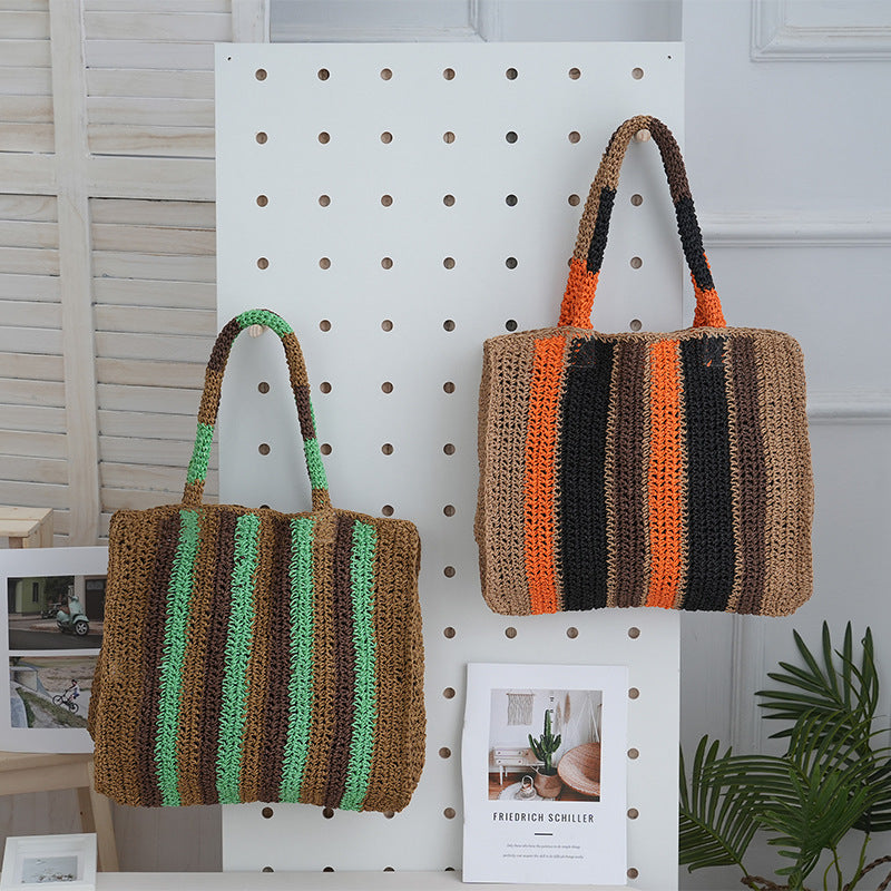Straw Woven Hand Underarm Vertical Striped Women's Handbag