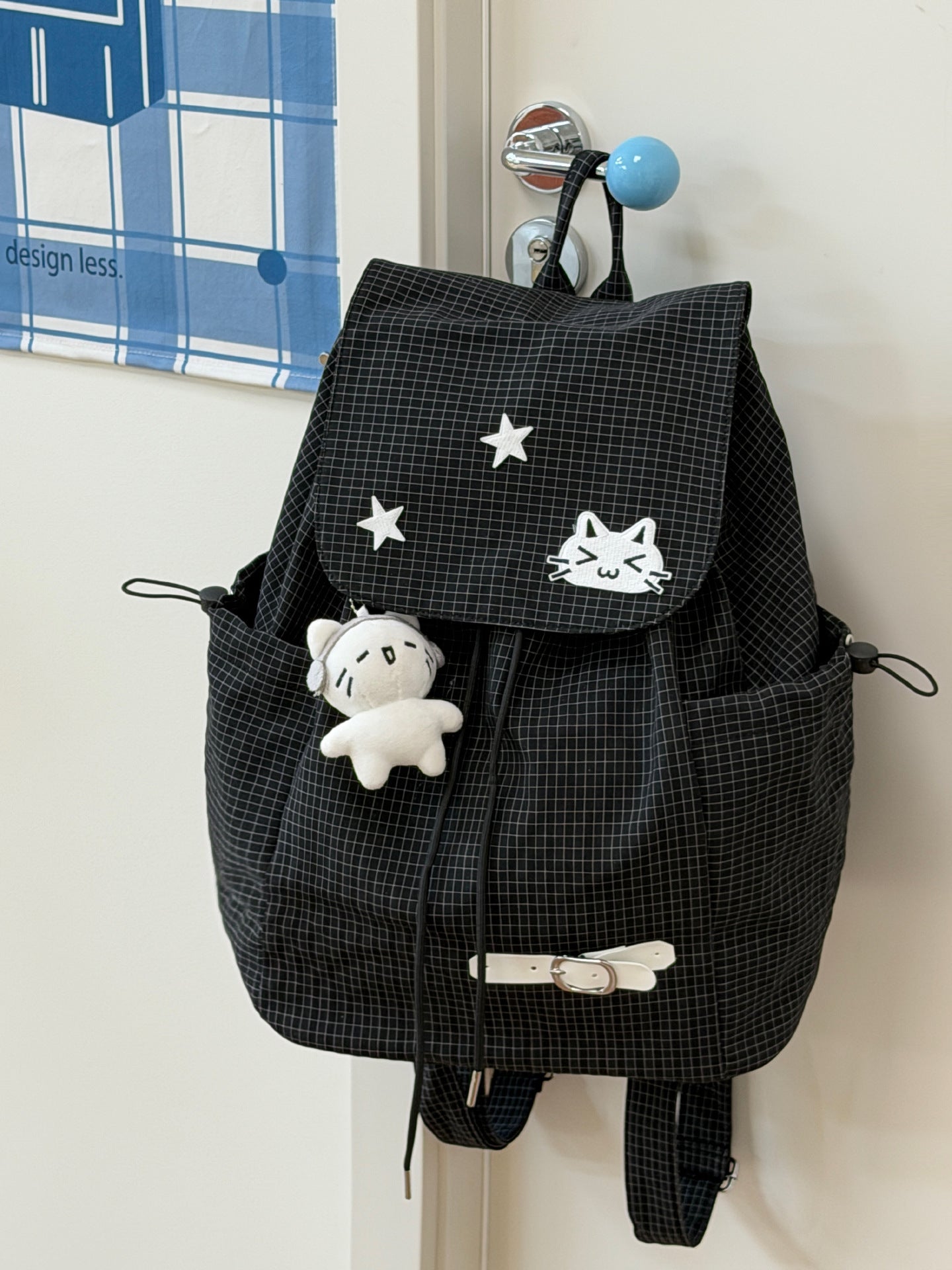 Embroidery Kitten Milk Blue Plaid Soft Leisure Backpack