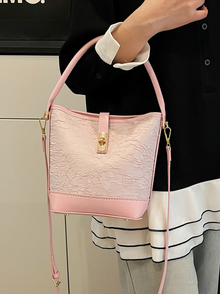 Women's Material Homemade National Style Contrast Color Hand Holding Bucket Bag