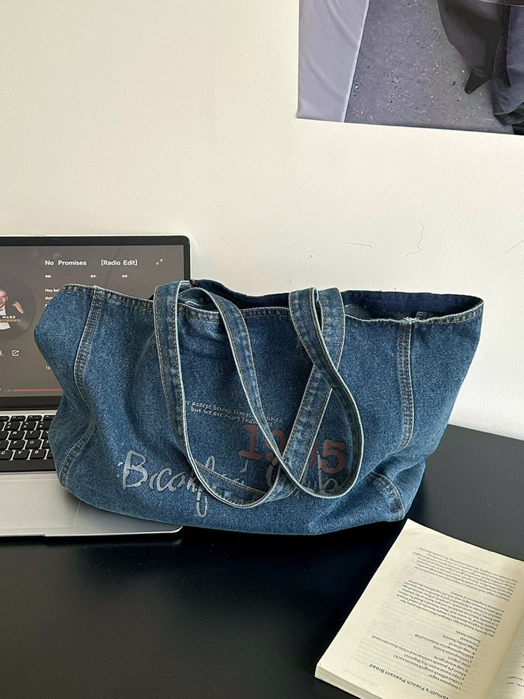 Simple Washing Water Denim Western Style Printing Large Women's Shoulder Bag