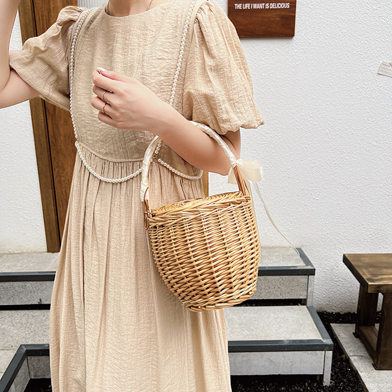 Bamboo Hand-woven French Cabas Vegetable Basket With Lid Women's Handbag