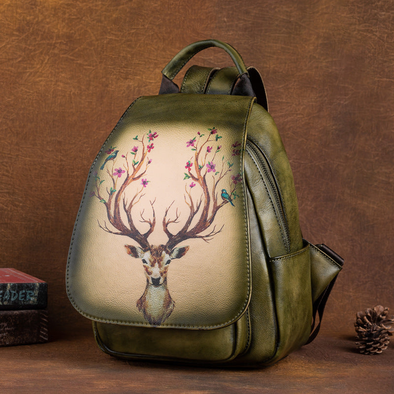Leather First Layer Cowhide Creative Printed Yellow Brown Retro Backpacks