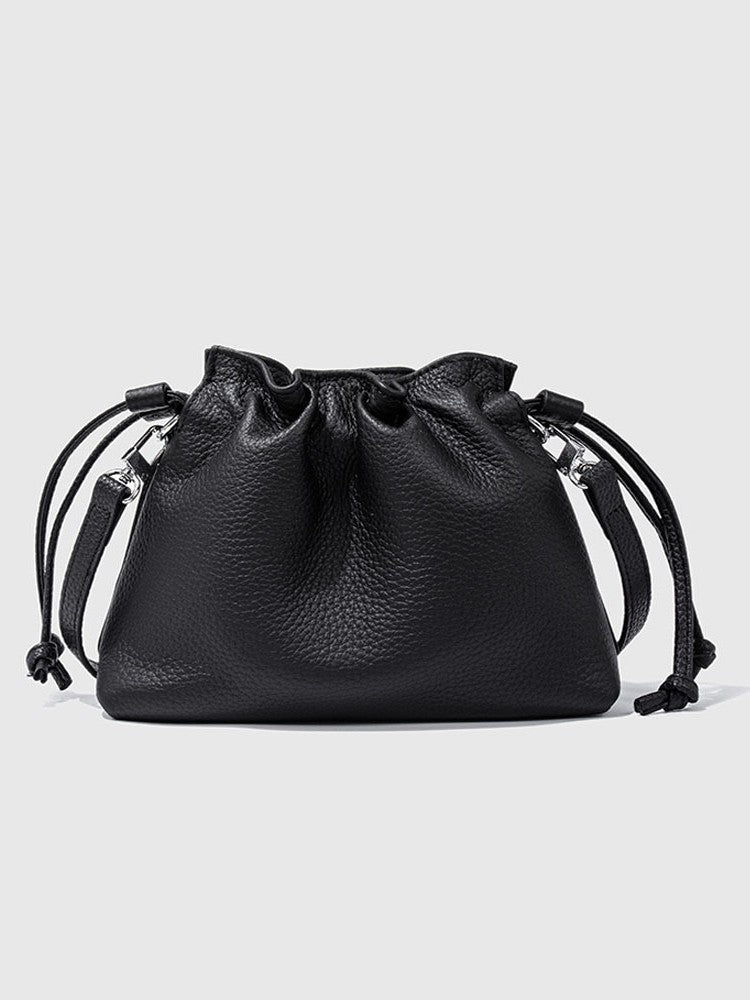 Leather Drawstring First Layer Cowhide Pleated Women's Messenger Bag