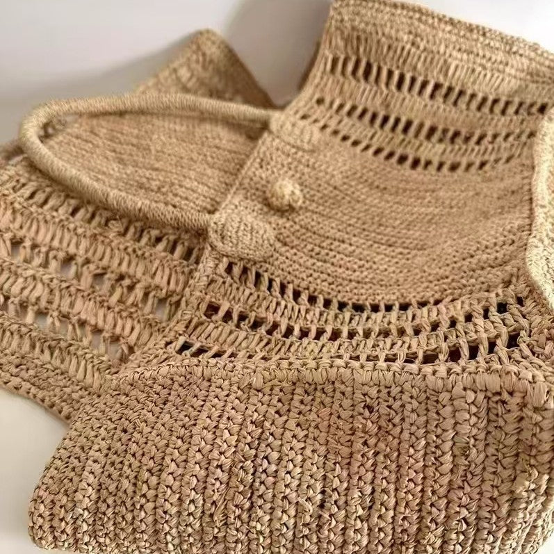 Seaside Style Hollow Raffia Handmade Woven Retro Straw Vacation Beach Bags