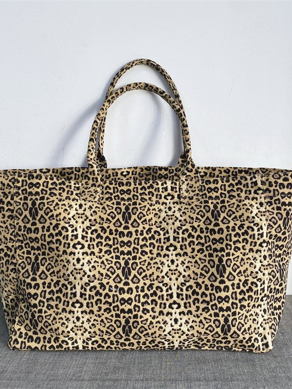 Women's & Men's Leopard Print Embroidered Canvas Leisure Shopping Tote Bag