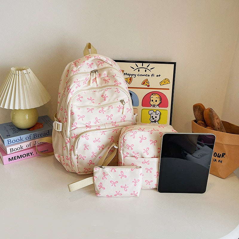 Three-piece Bow Heart Preppy Style Floral Sweet Bags