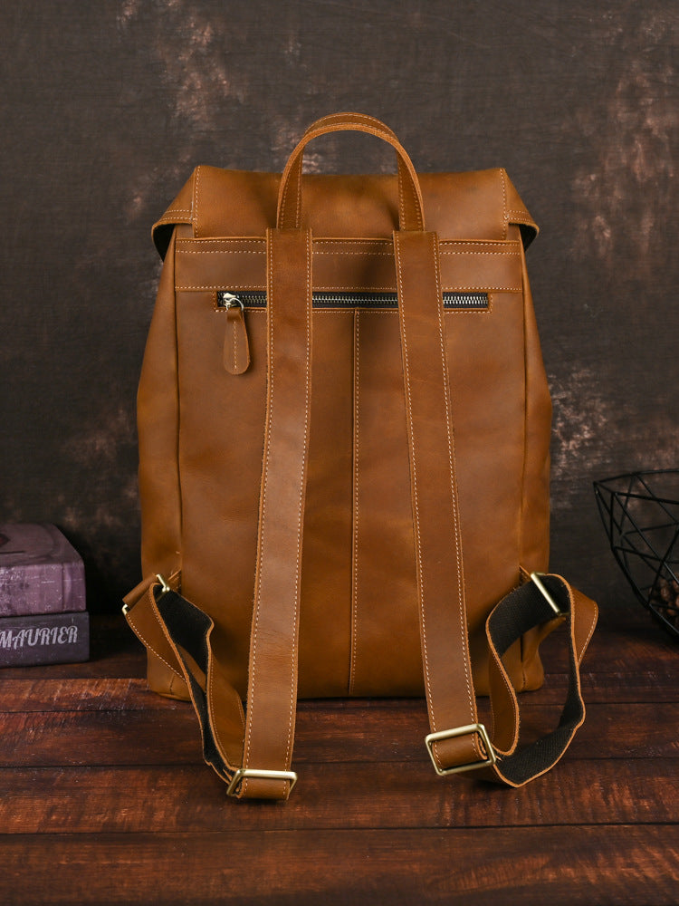 Men's Leather Vintage Distressed Top Layer Cowhide Large Business Backpack