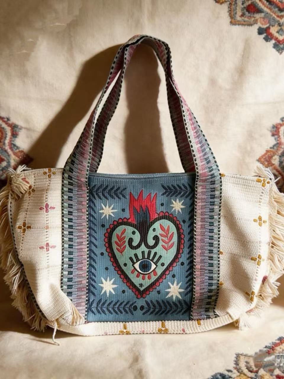 Women's Heart Embroidered Tassel Woven Commuter Large Tote Bags